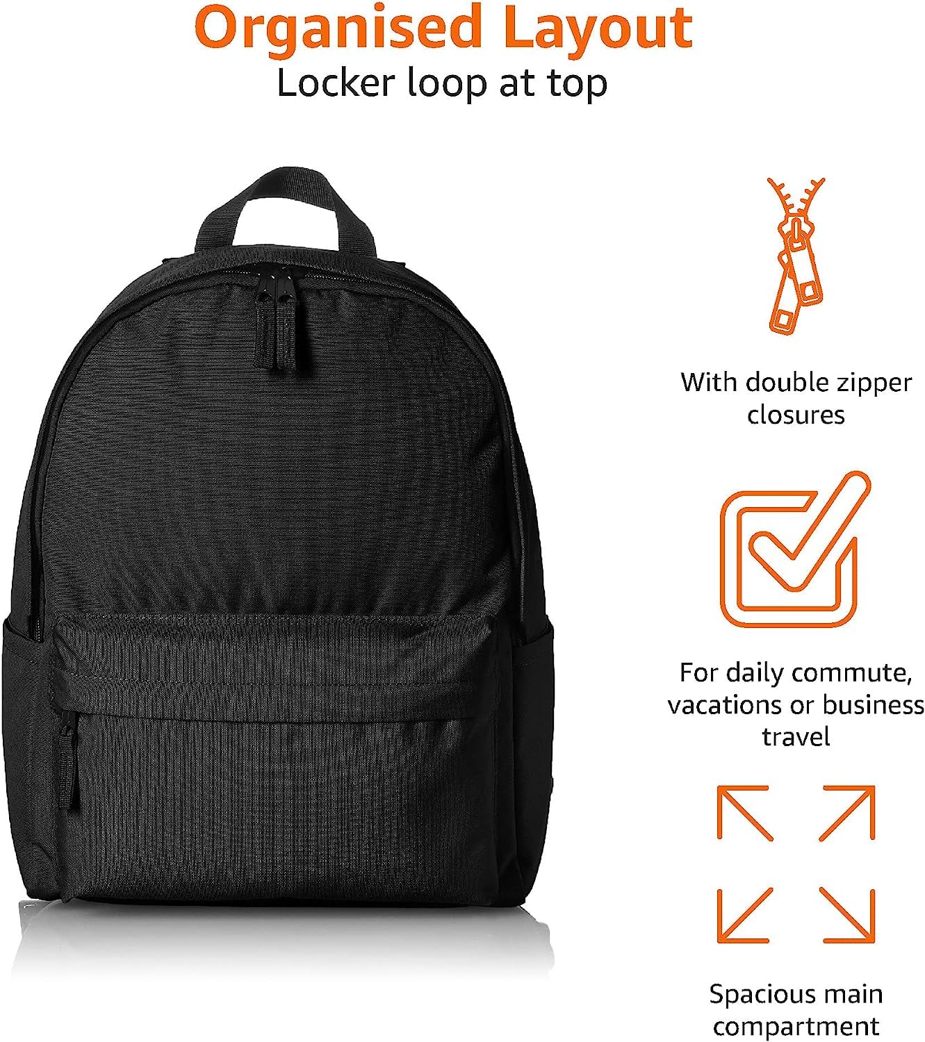 Amazon Basics Backpack for School, Travel, Study with Padded Adjustable Shoulder Straps, Spacious Compartment, Water Bottle Pockets, Durable Classic Design, Black