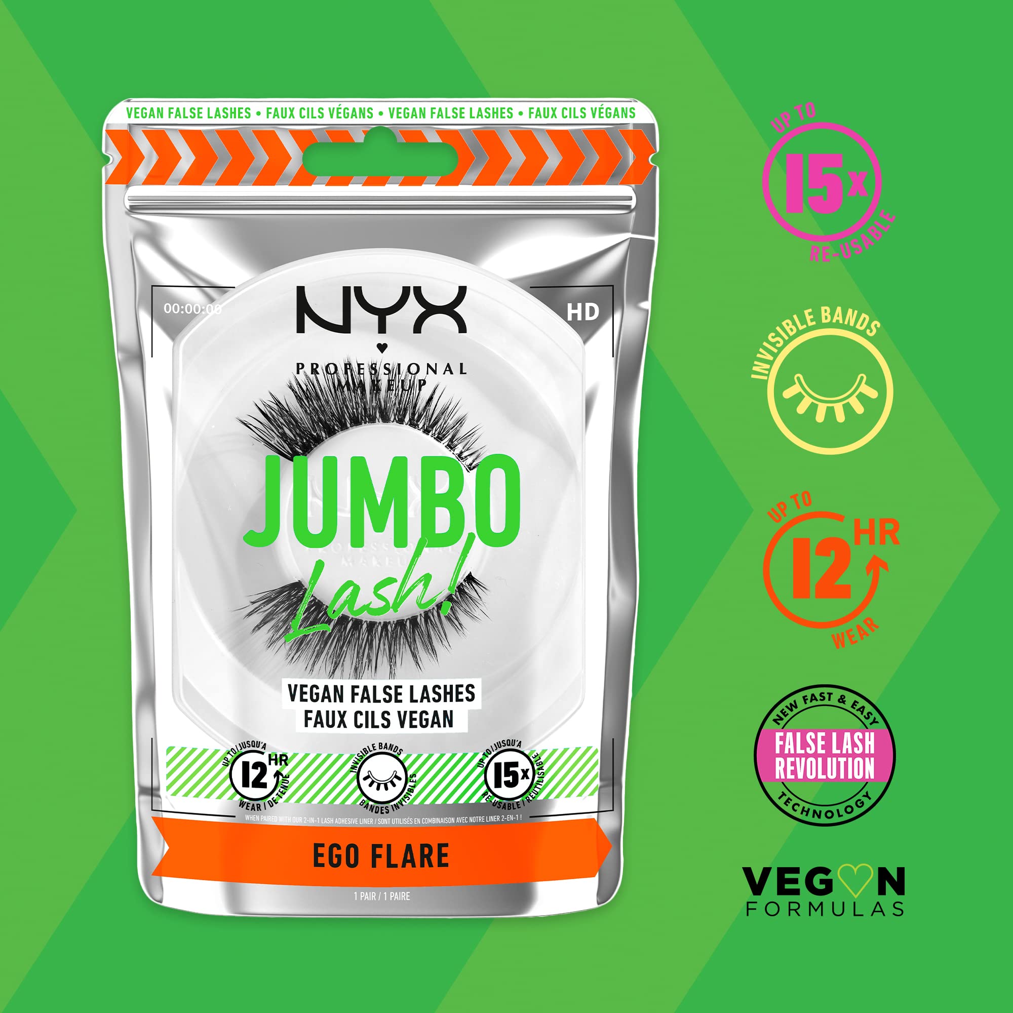NYX PROFESSIONAL MAKEUP Jumbo Lash! Vegan False Eyelashes, Up to 12HR Wear, Reusable Fake Lashes - Ego Flare