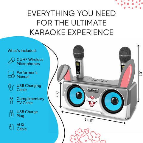 Rabbit Karaoke Machine for Kids, Children and Toddlers with 2 Wireless Bluetooth Microphones, Portable PA Speaker System Includes Lyrics Display Phone Holder, TV Cable and Singer Vocal Removal Mode