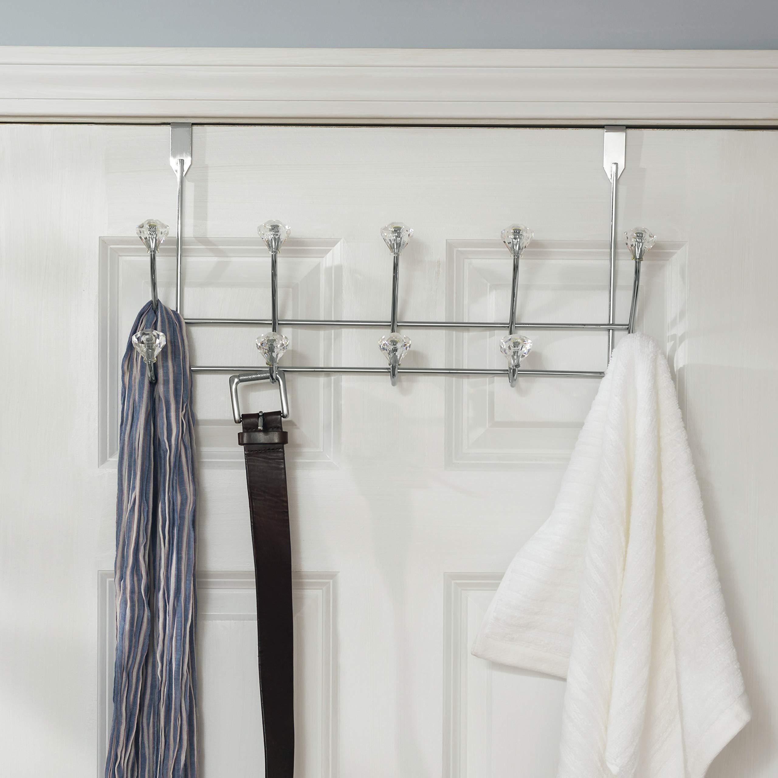 Home Basics 5 Hook Over the Door Hanging Rack with Crystal Knobs, Multipurpose for Hanging Clothes, Coats, Towels Robes, Chrome