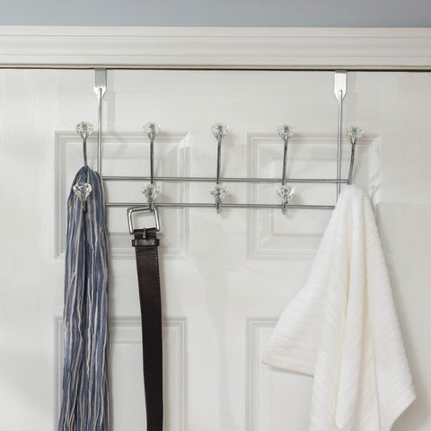 Home Basics 5 Hook Over the Door Hanging Rack with Crystal Knobs, Multipurpose for Hanging Clothes, Coats, Towels Robes, Chrome