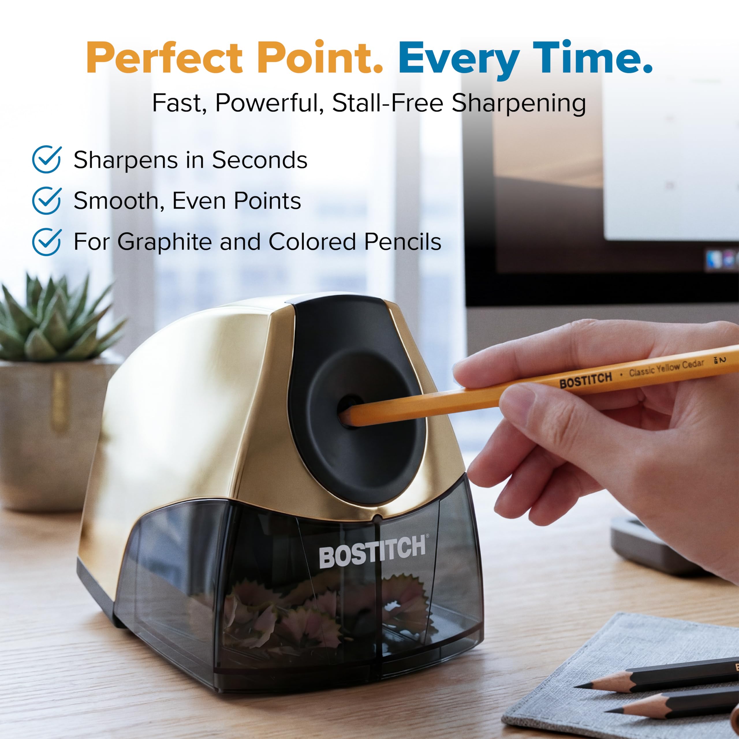 Bostitch Office Electric Pencil Sharpener for Classroom & Desk Use, Heavy-Duty Stall-Free Motor, High-Capacity Shavings Tray, Gold Chrome