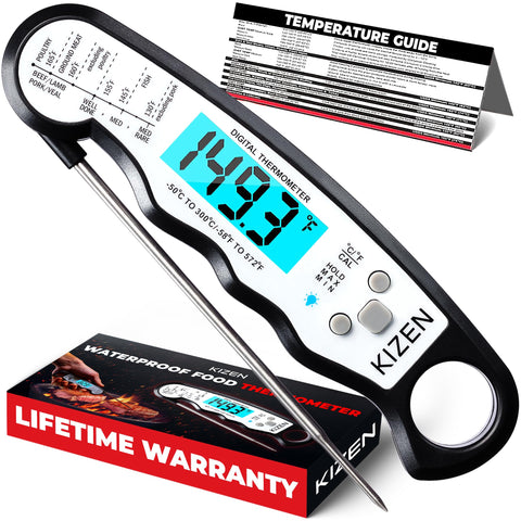 KIZEN Instant Read Meat Thermometer Digital - Food Thermometer for Cooking, Grill, Oven, BBQ - IP67 Rated Waterproof - Large Backlit Display and Magnetic Back