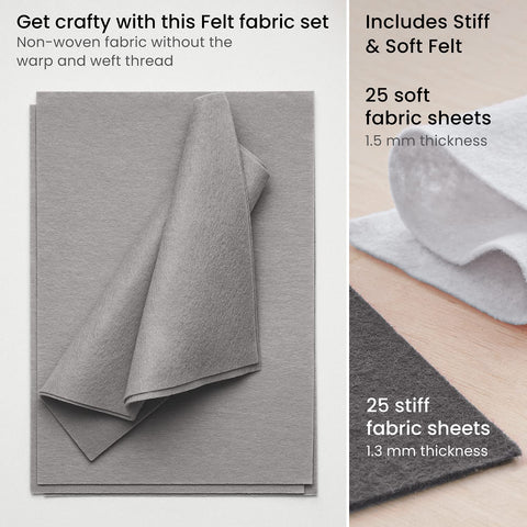 Arteza Craft Felt Sheets, Set of 50, 8.3 x 11.8 inches, 7 Neutral Tones, 21 Soft and 29 Stiff Non Woven Felt Fabric Squares, 1.5mm and 1.3mm Thick, Sewing Fabric for DIY Projects