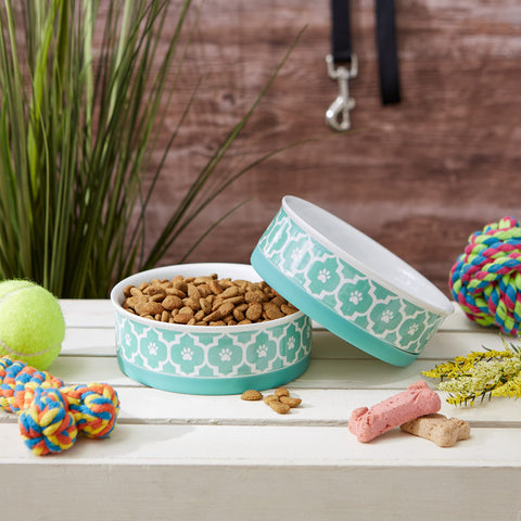 Bone Dry Lattice Collection Pet Bowl & Canister, Medium Set, 6x2", Aqua, 2 Count
