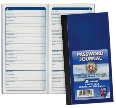 Adams Password Journal, 1 Count, 6.25 x 3.25 Inches, Blue, Alphabetically Organized with 4 Entries Per Page, 48 Pages, Pocket-Sized Login Companion (APJ99)