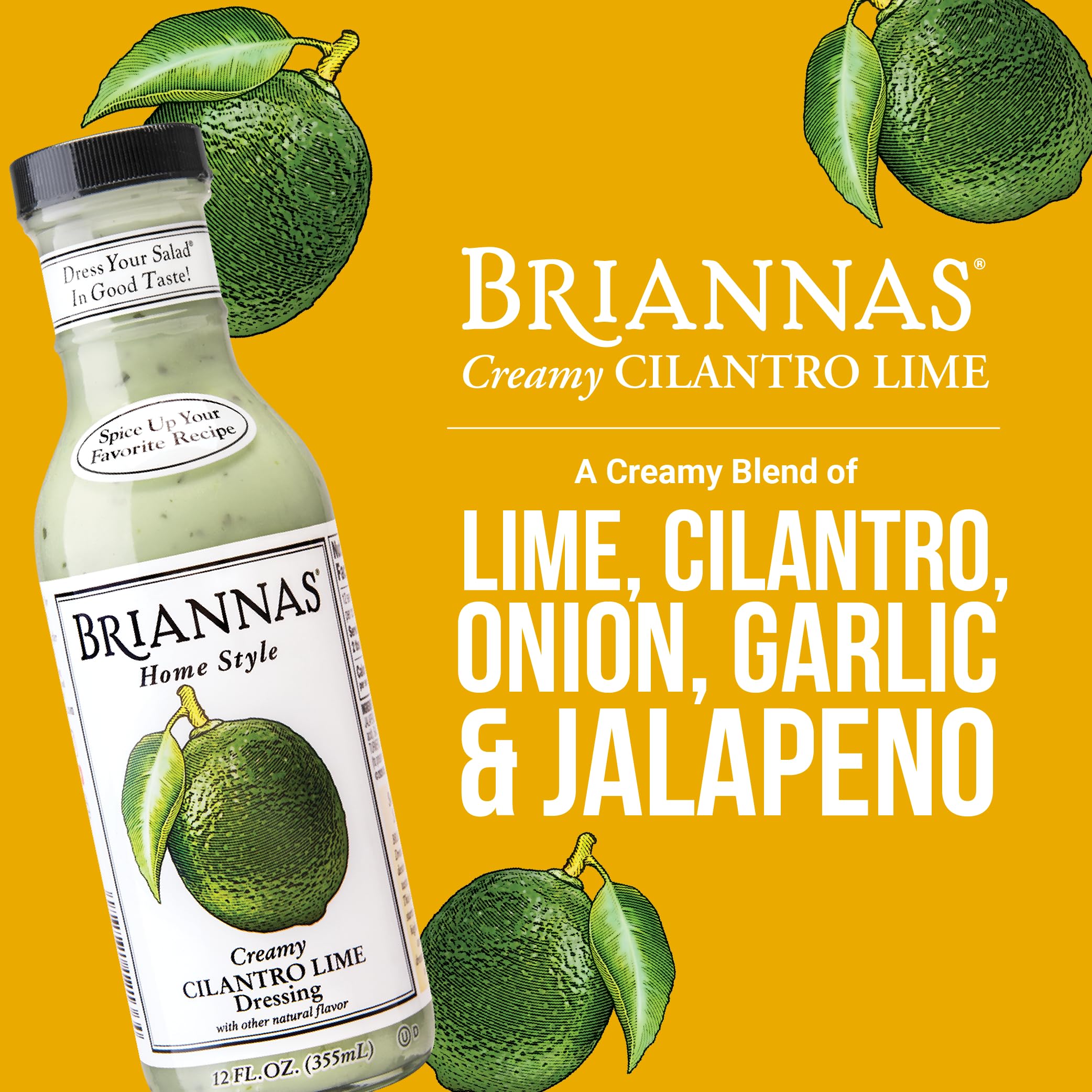 BRIANNAS - Home Style Creamy Cilantro Lime Dressing – Fine Salad Dressing made with Premium Ingredients - Gluten Free, Kosher, & Low Sugar - 12 oz. Bottle