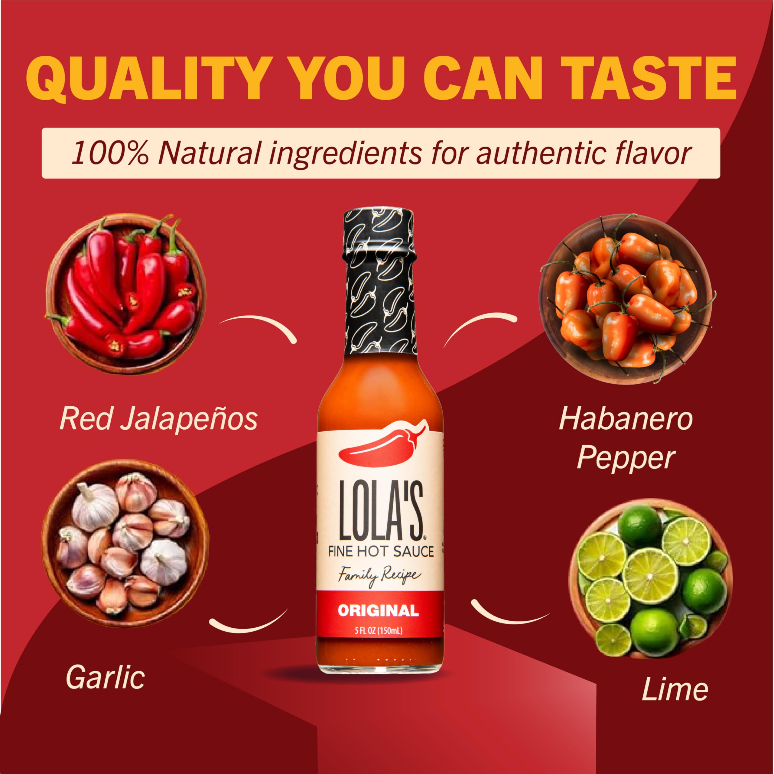 Lolas Fine Hot Sauce Original | All Natural Gluten Free Keto Vegan Made with Red Jalapenos Habanero Peppers Garlic Lime Juice and Vinegar | 5 Fl Oz (Pack of 1)