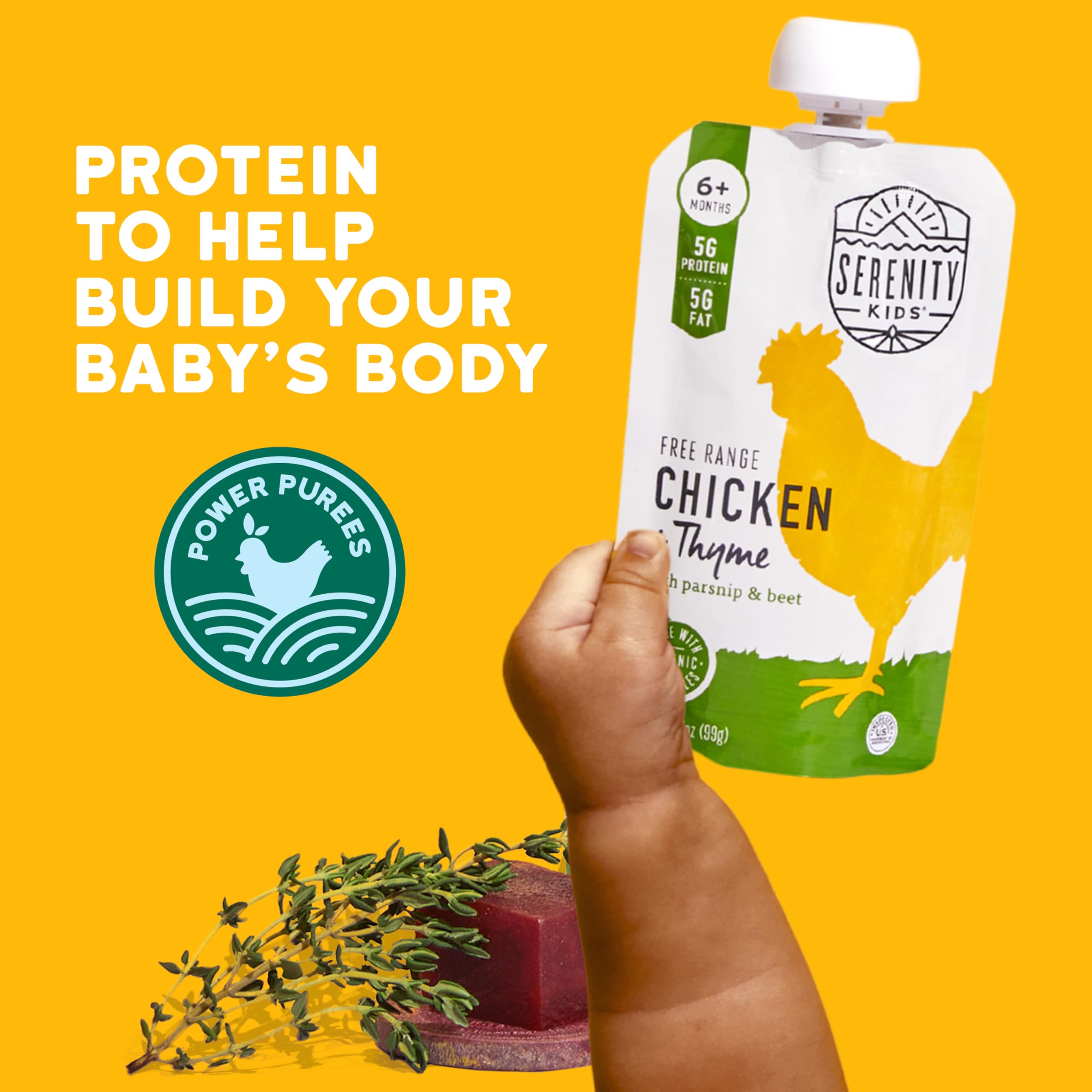 Serenity Kids 6+ Months Baby Food Pouches - Protein-Rich Puree - Veggie-First Organic Baby Food Blend - On-the-Go Toddler Meal Pouch - Chicken & Thyme - 3.5 Oz, Pack of 1