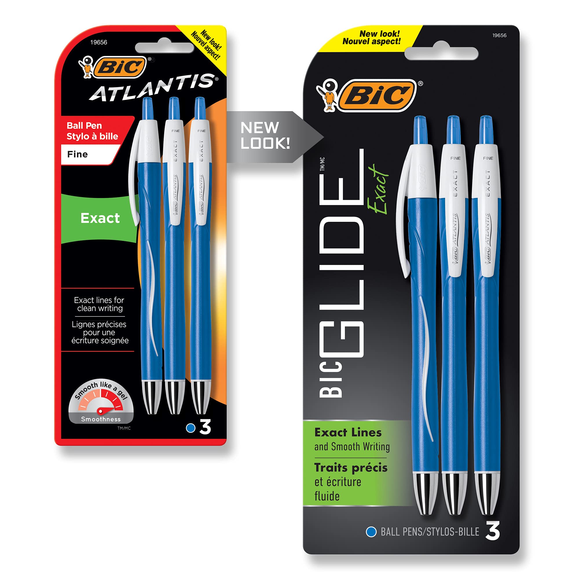 BIC Glide Exact Retractable Ball Point Pen, Fine Point (0.7 mm), Blue, Precise Lines For Clean Writing, 3-Count