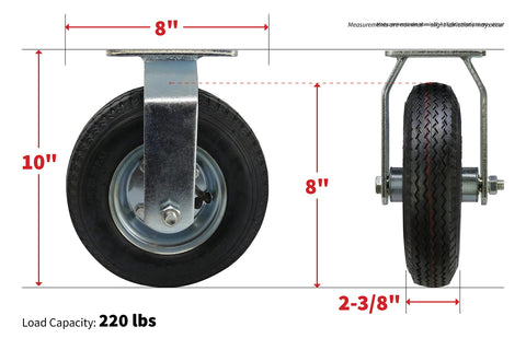 Shepherd Hardware 9795 8-Inch Pneumatic Caster Wheel, Rigid Plate, Steel Hub with Ball Bearings, 5/8-Inch Bore Centered Axle , Black
