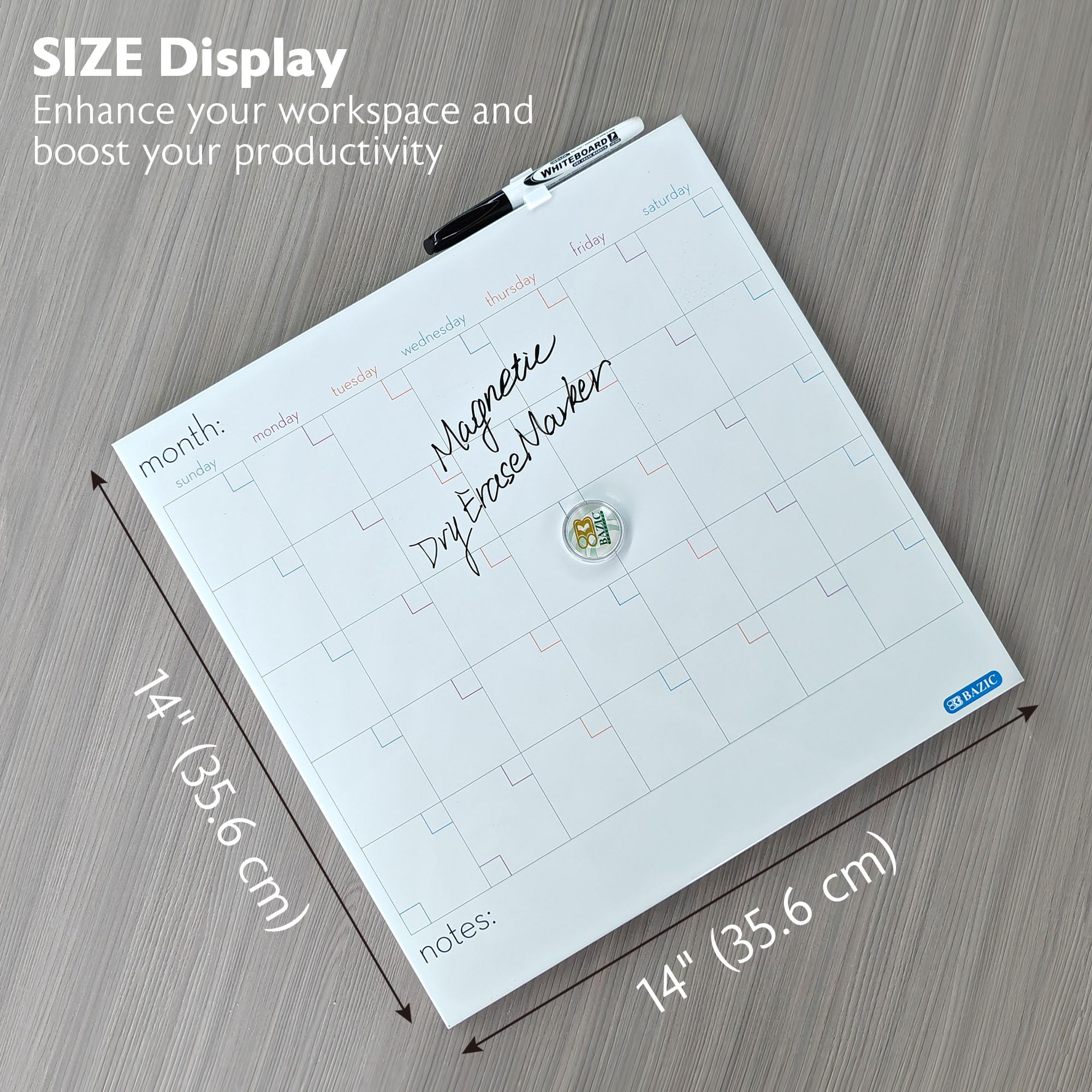 BAZIC Products Magnetic Dry Erase Calendar Board Tile + Markers & Magnets, 14" X 14" Calendar Whiteboard for Office Schedule Planner, 1-Pack