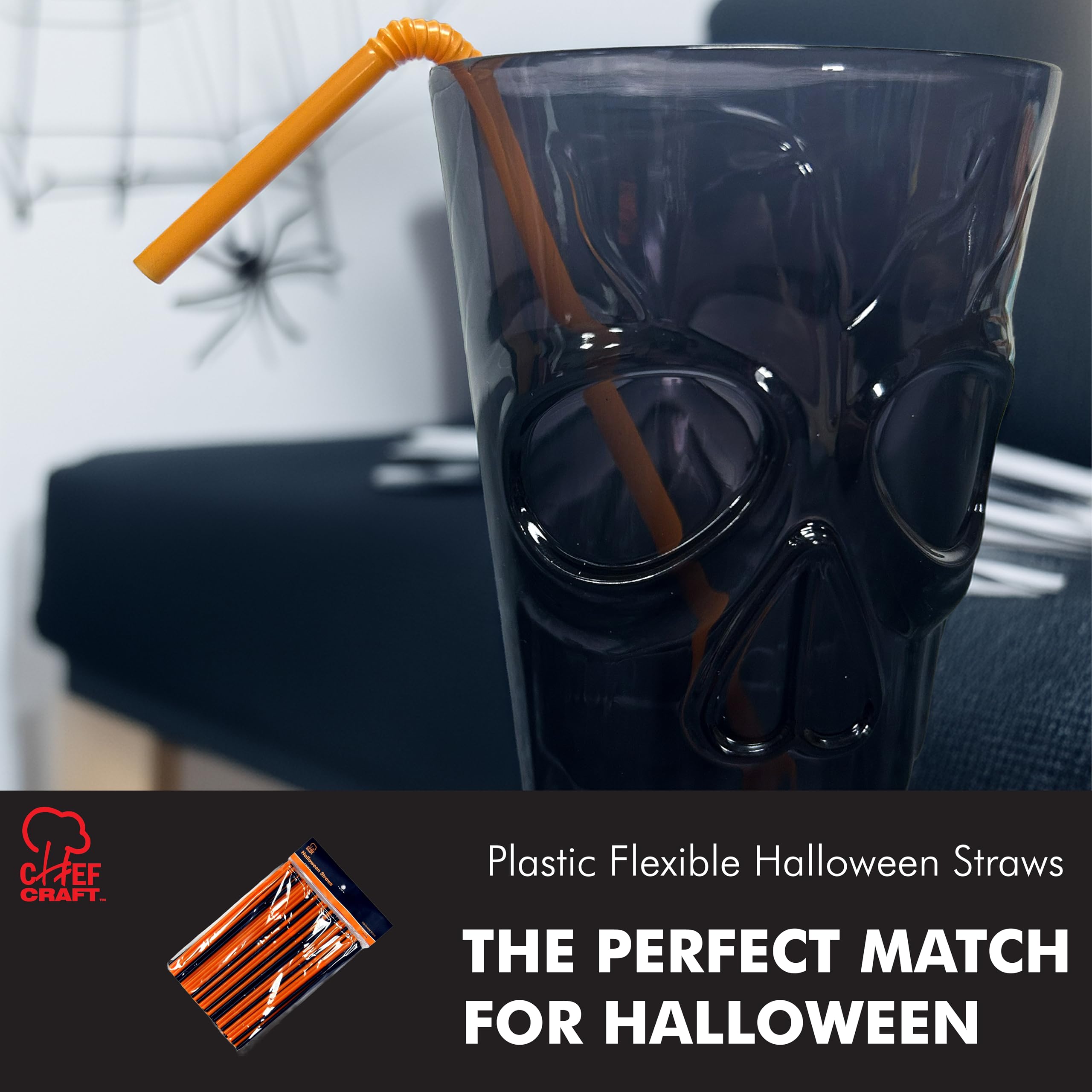 Chef Craft Select Plastic Flexible Halloween Straws, 8 Inch 100 Piece Set, Black/Orange