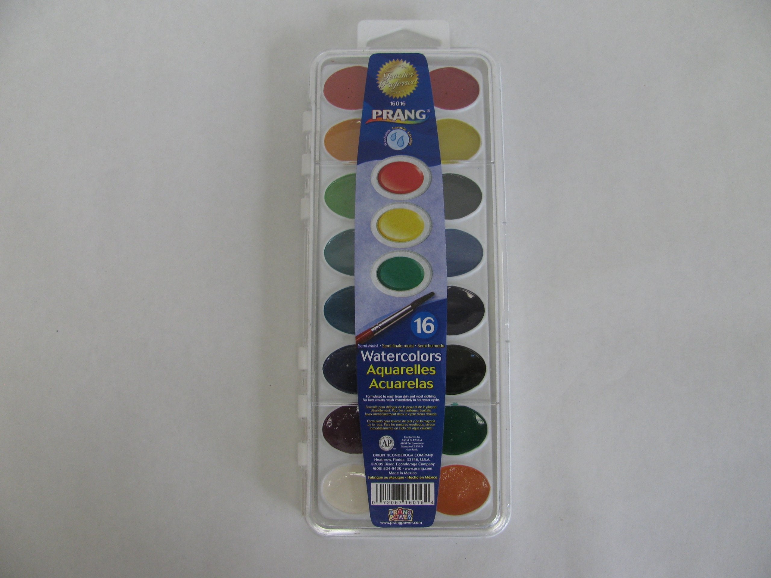 Prang Washable Semi-Moist Watercolors Oval Pan Set with Size 6 Paintbrush, Non-Refillable, 16 Assorted Colors, Pack of 1
