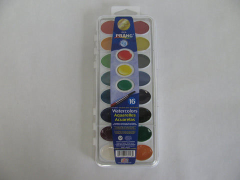 Prang Washable Semi-Moist Watercolors Oval Pan Set with Size 6 Paintbrush, Non-Refillable, 16 Assorted Colors, Pack of 1