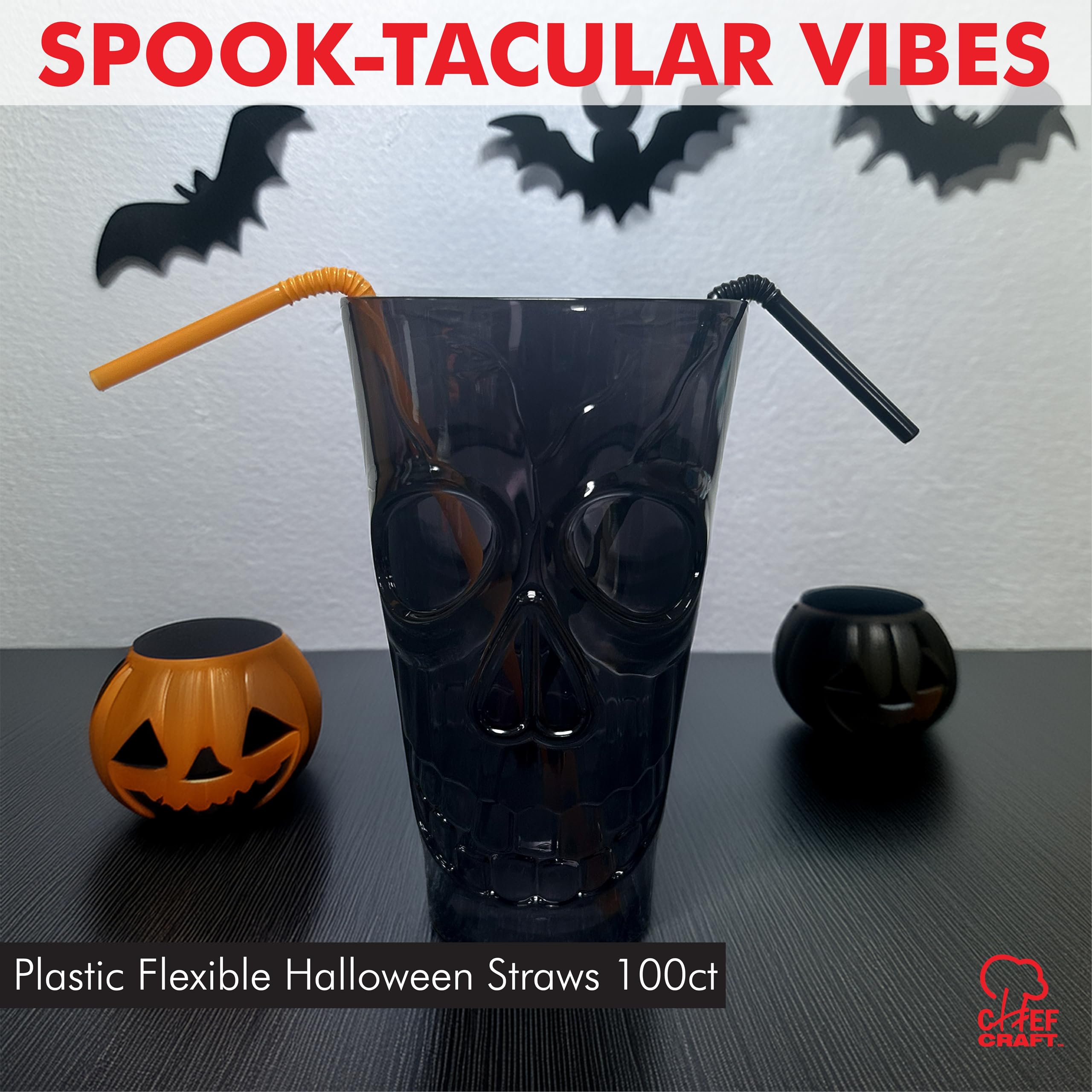 Chef Craft Select Plastic Flexible Halloween Straws, 8 Inch 100 Piece Set, Black/Orange