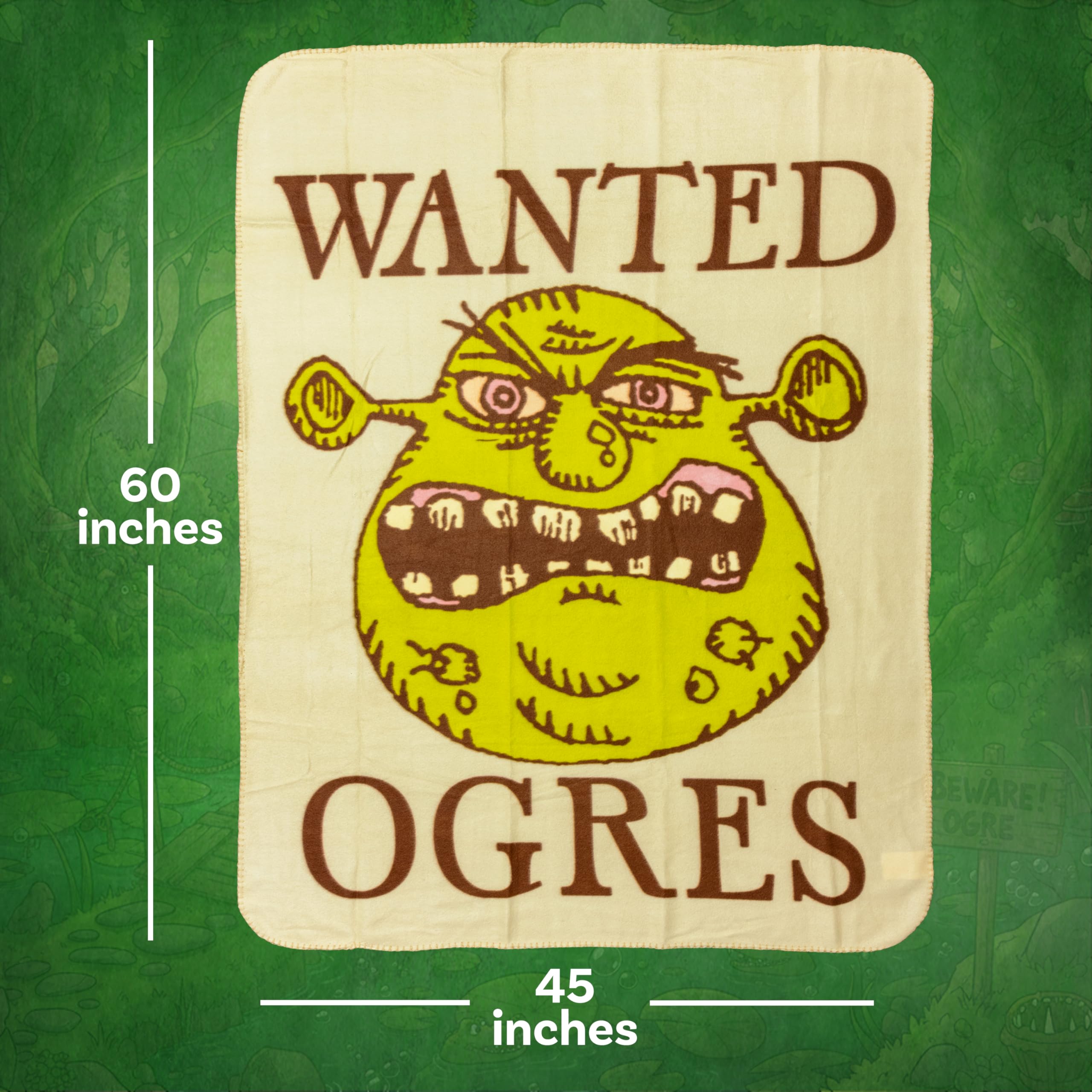 Silver Buffalo Shrek Wanted Ogres Sign 45" x 60" Fleece Throw, Soft and Cozy Blanket, 180 GSM