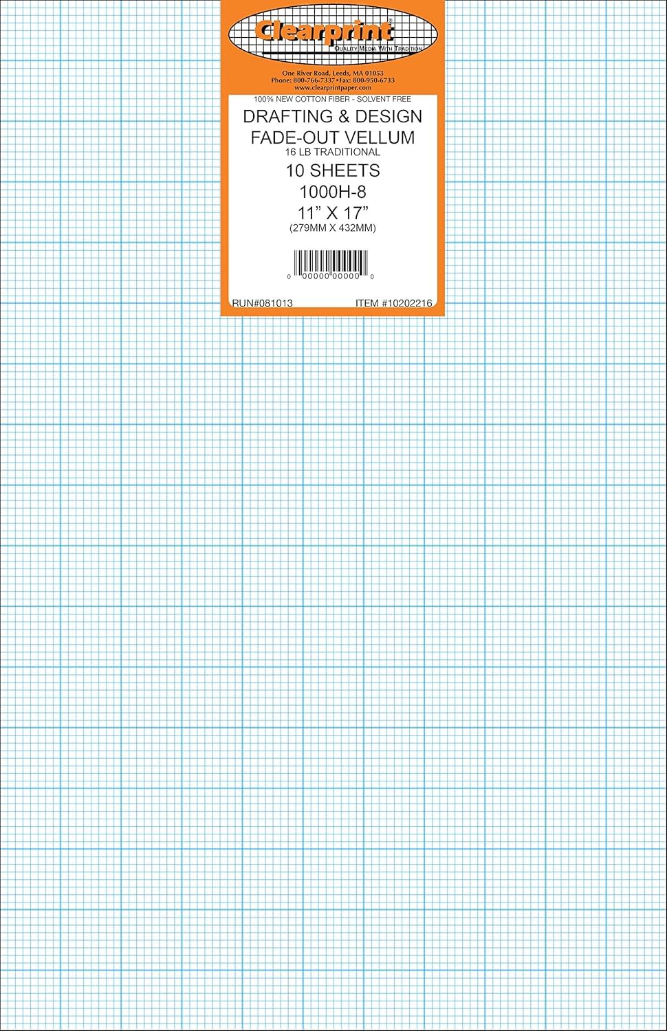 Clearprint 24" x 36" 1000H Design Vellum Sheets with Printed Fade-Out 8x8 Grid, 16 lb., 100% Cotton, 10 Sheets Per Pack, 1 Each