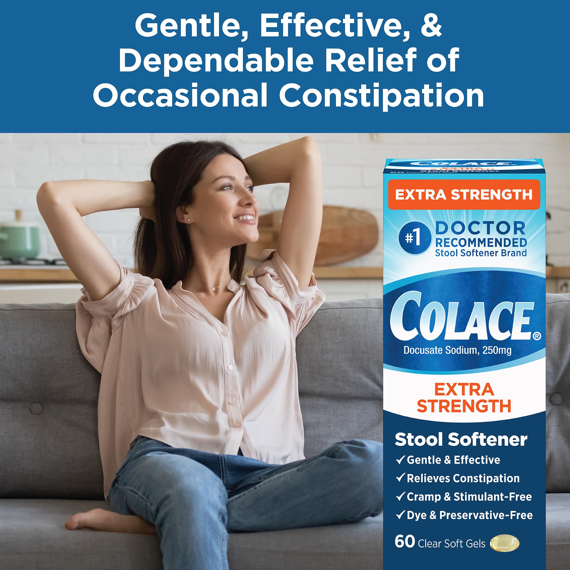 Colace Extra Strength Stool Softener, 60 Count, Gentle Constipation Relief for Adults, 250 mg Docusate Capsules, #1 Doctor Recommended Stool Softener Brand