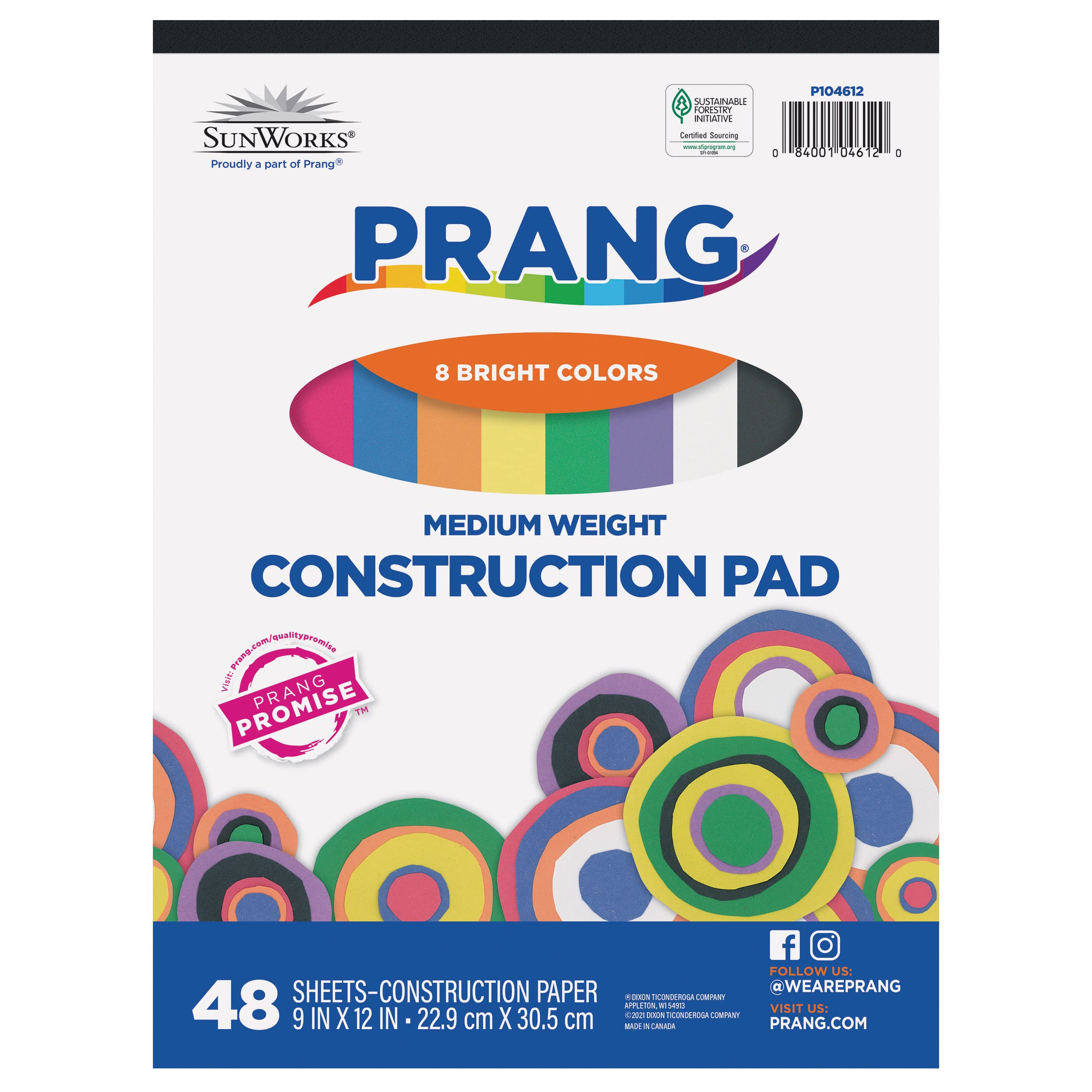 Prang (Formerly SunWorks) Medium Weight Construction Paper Pad, 8 Assorted Colors, 9" x 12", 48 Sheets
