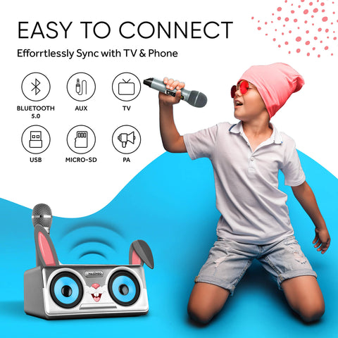 Rabbit Karaoke Machine for Kids, Children and Toddlers with 2 Wireless Bluetooth Microphones, Portable PA Speaker System Includes Lyrics Display Phone Holder, TV Cable and Singer Vocal Removal Mode