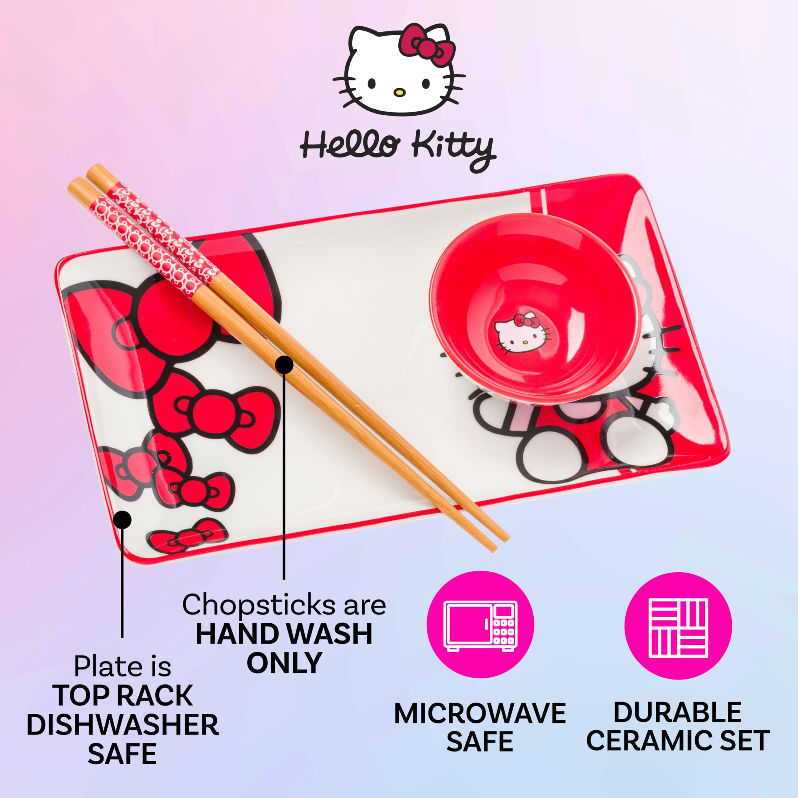 Silver Buffalo Sanrio Hello Kitty Red and White Bow Ceramic Sushi Set with Dipping Sauce Dish and Matching Chopsticks