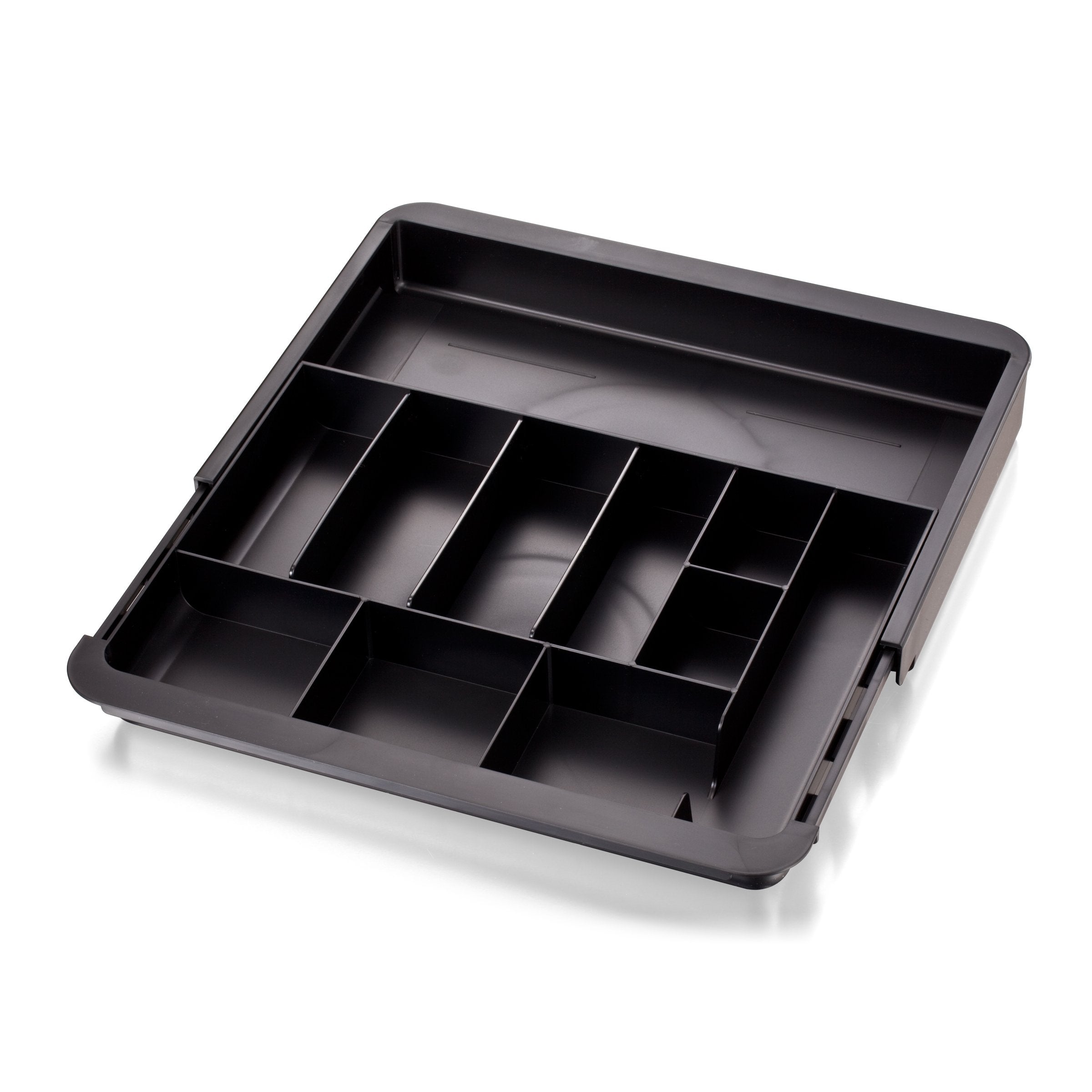 Officemate Expandable Drawer Organizer Tray, Adjustable 10.3"–16" Width, Customizable Compartments with Dividers, Recycled Plastic, Black