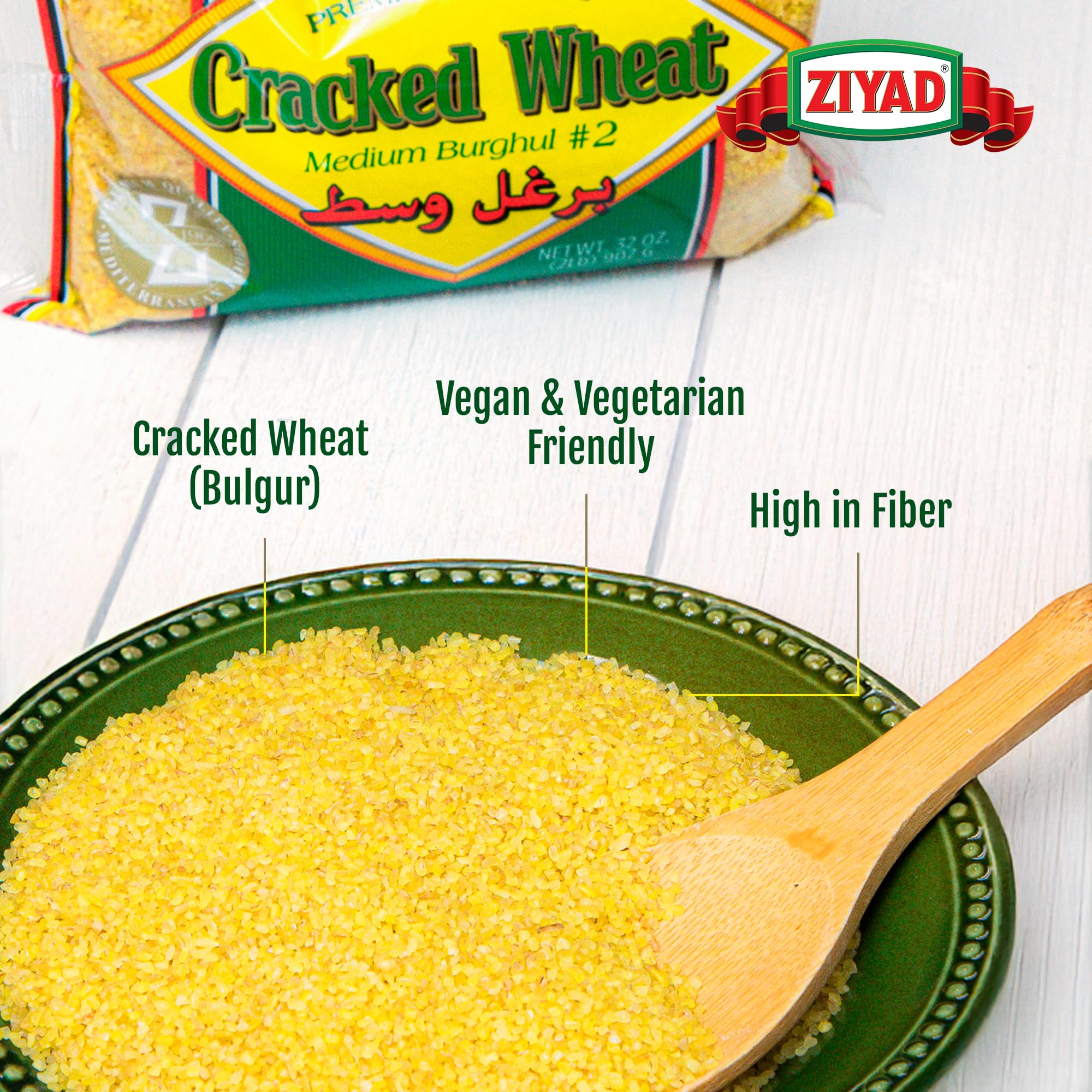 Ziyad Cracked Wheat Bulgur – Fiber-Rich Whole Grain, Nutty Flavor & Chewy Texture – Ideal for Tabbouleh, Kibbeh, Curries, Soups & Salads – Easy 30-Minute Prep, Vegan – No. 2 Medium, 16oz