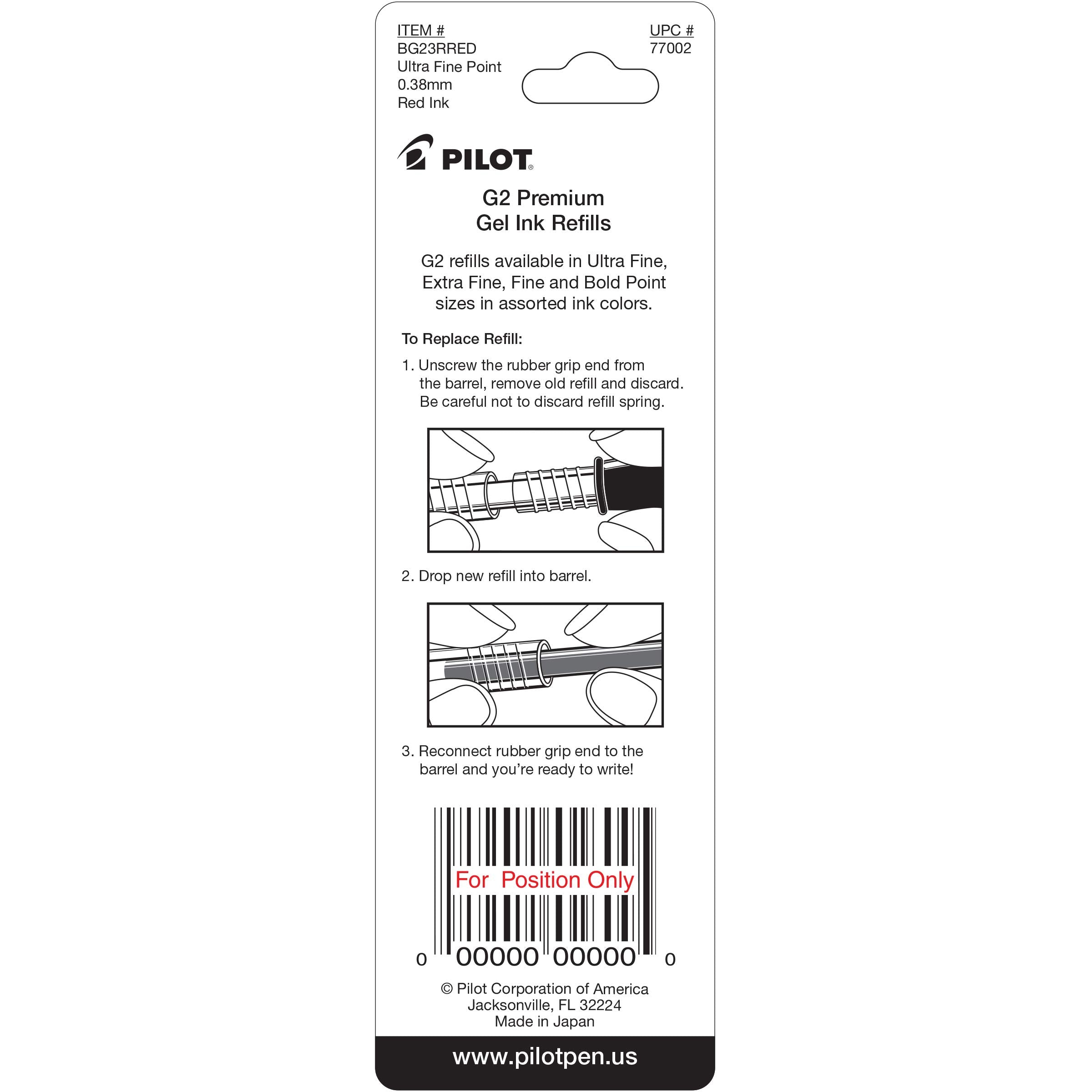 Pilot, G2 Gel Ink Refills, Ultra Fine Point 0.38 mm, Red, Pack of 2