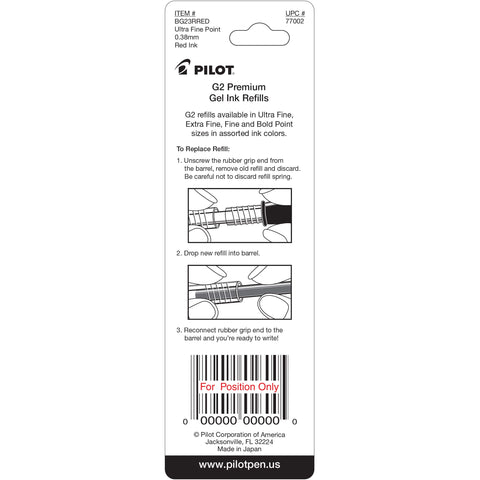 Pilot, G2 Gel Ink Refills, Ultra Fine Point 0.38 mm, Red, Pack of 2