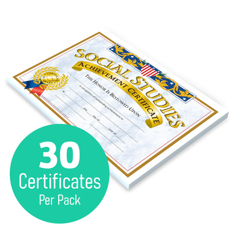 Hayes Social Studies Achievement Certificates, Gold-Bordered Awards with Light Blue Marbled Design, Customizable Award for Students, Full-Color Glossy Design, 8.5" x 11" - 30 Pack