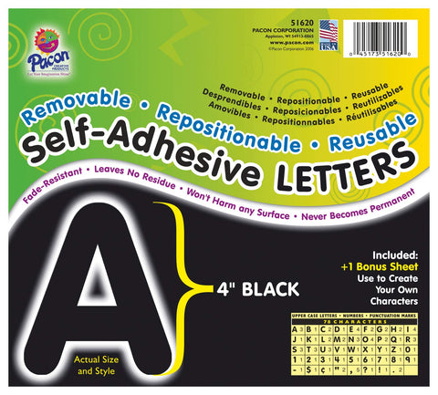 Pacon® PAC51620 Self-Adhesive Letters - Removable, Repositionable, Reusable, 4", Black, 78 Pieces