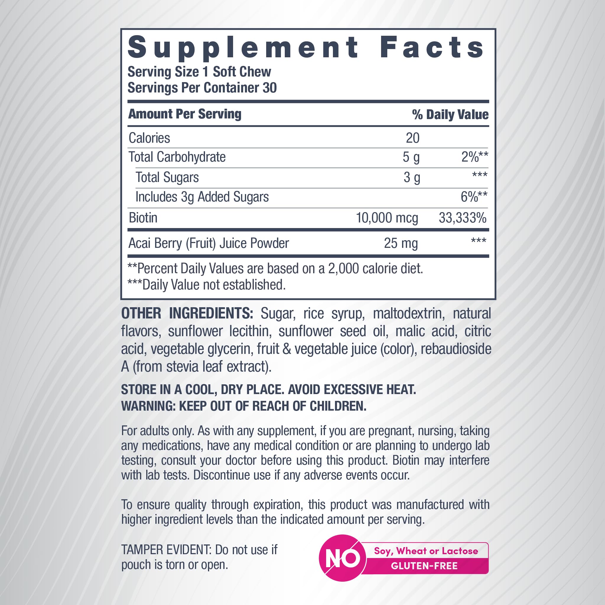 NeoCell Biotin Beauty Soft Chews | 30 Chewables | 10000mcg | Hair, Skin & Nails | Acai Berry Flavor