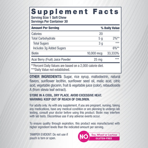 NeoCell Biotin Beauty Soft Chews | 30 Chewables | 10000mcg | Hair, Skin & Nails | Acai Berry Flavor