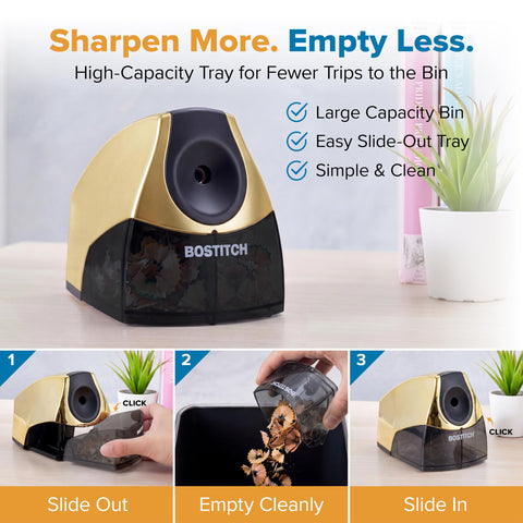 Bostitch Office Electric Pencil Sharpener for Classroom & Desk Use, Heavy-Duty Stall-Free Motor, High-Capacity Shavings Tray, Gold Chrome