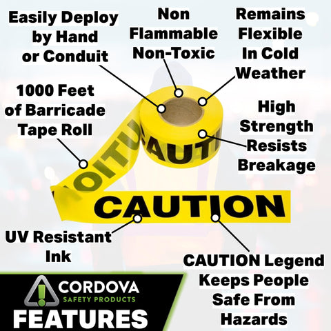Cordova T30101 Bulk Pack 3.0-MIL Yellow Caution Barricade Tape, 3 in. x 1000 ft. Roll, 12-Pack