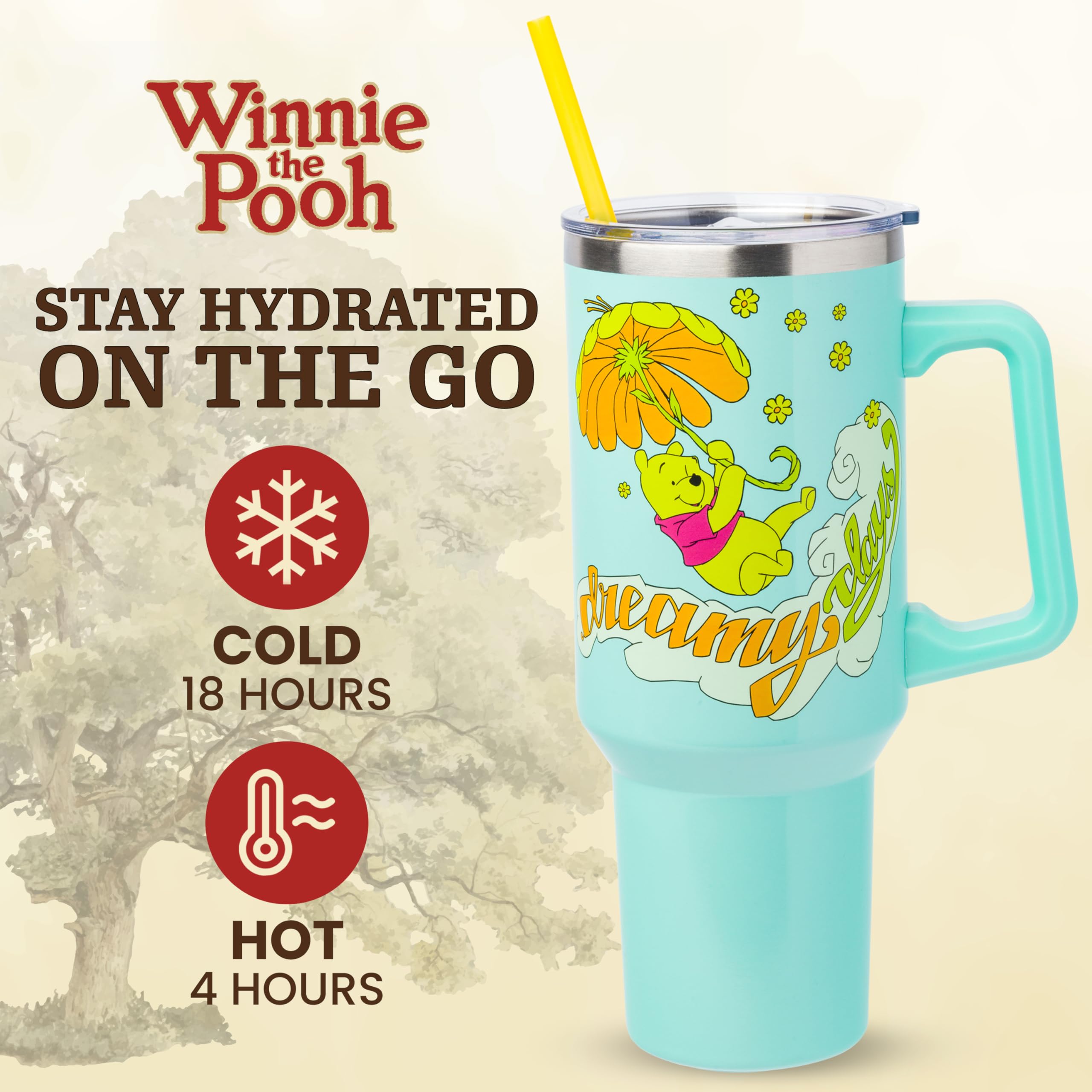 Silver Buffalo Disney Winnie the Pooh “Dreamy Days” Retro Art Double Walled Stainless Steel Tumbler with Handle and Straw, Fits in Standard Cup Holder, 40 Ounces