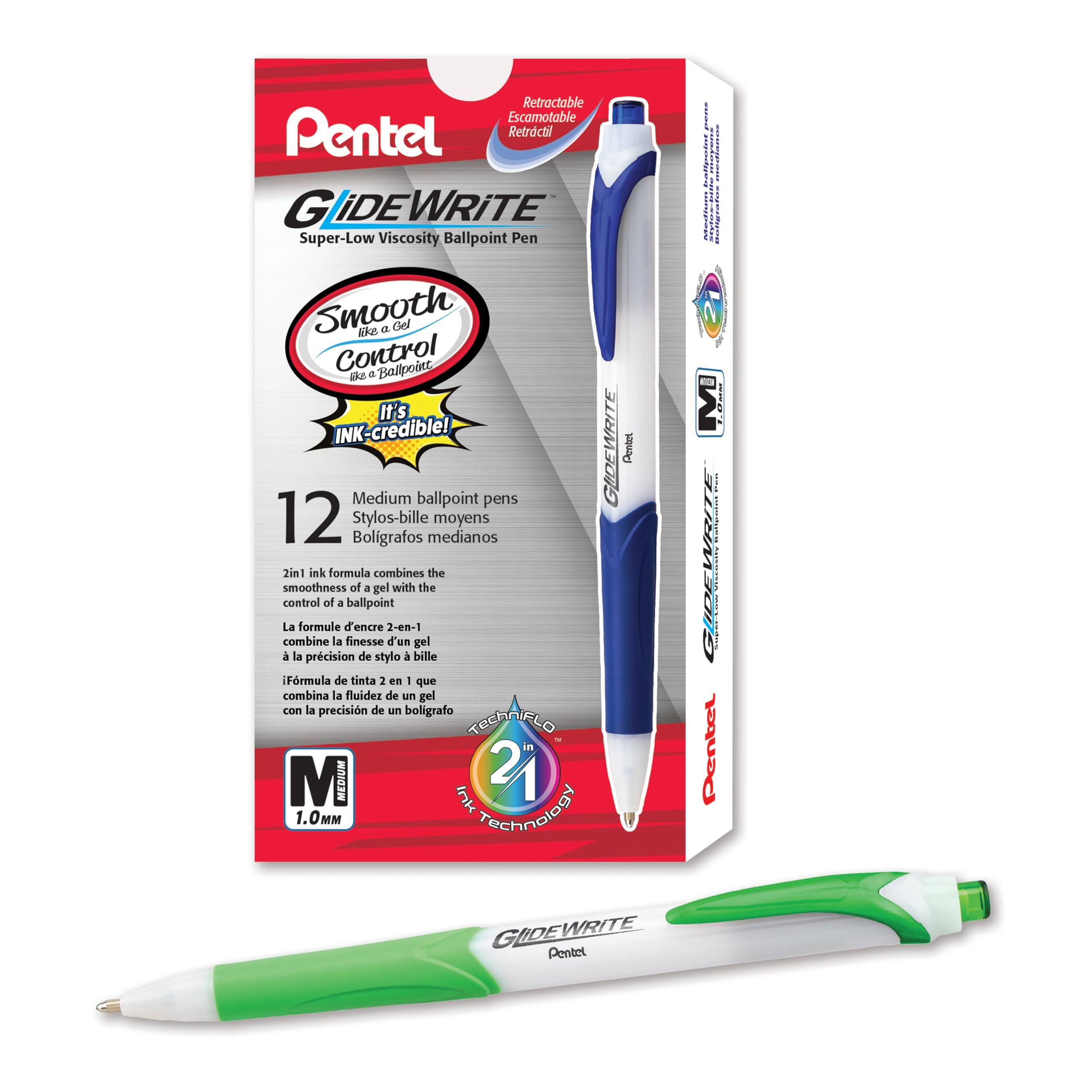 Pentel GlideWrite Ballpoint Pen with TechniFlo Ink, (1.0mm) Medium Line, Lime Green Ink, Box of 12 (BX910-K)