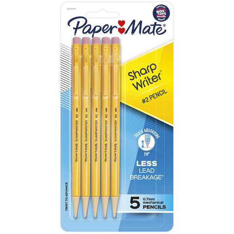 Paper Mate® SharpWriter® Mechanical Pencils, 0.7 mm, Yellow Barrel, Pack of 5 Pencils
