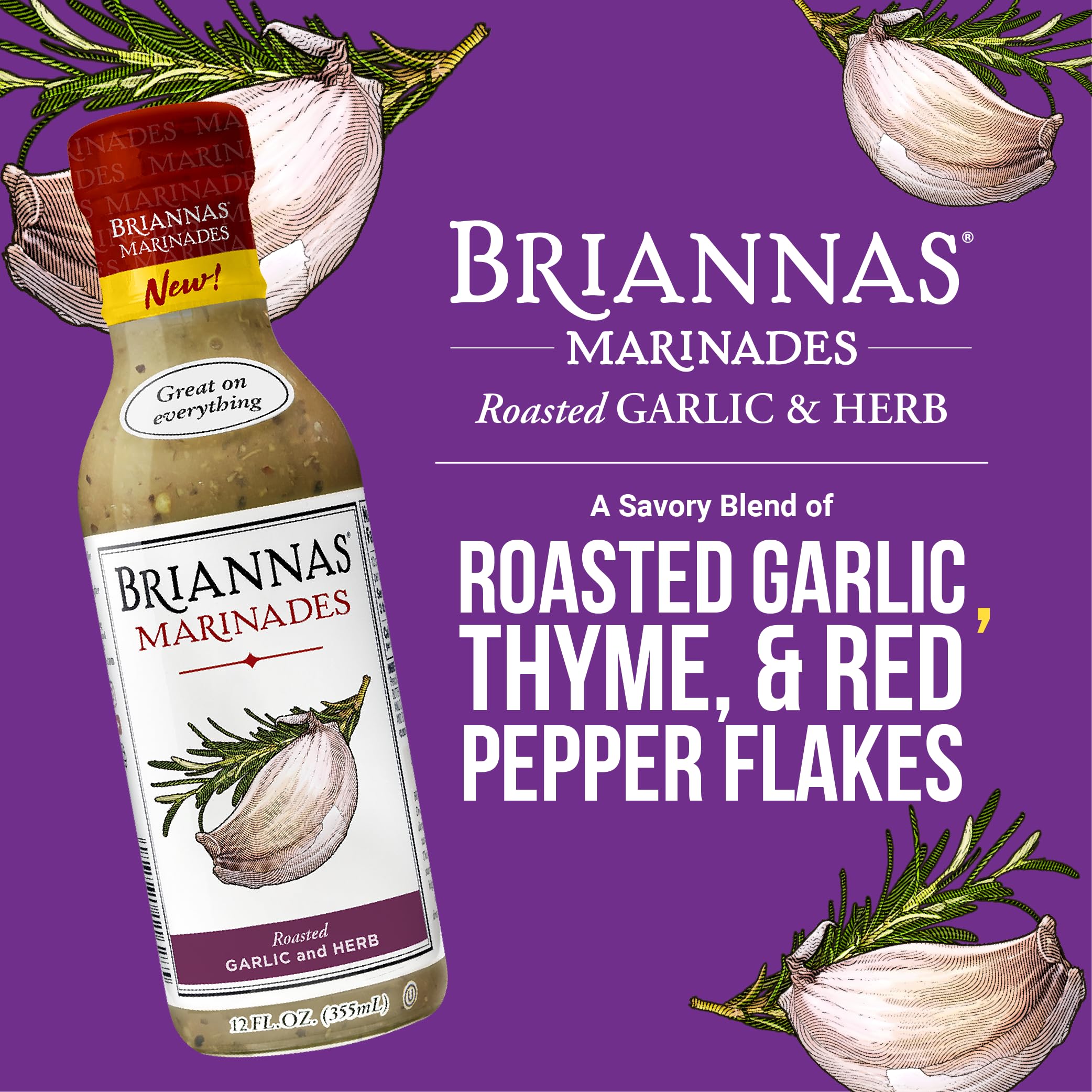 BRIANNAS - Roasted Garlic & Herb Marinade - Small Batch, Gluten Free, Vegan Marinade made with Premium Ingredients - 12 oz. Bottle
