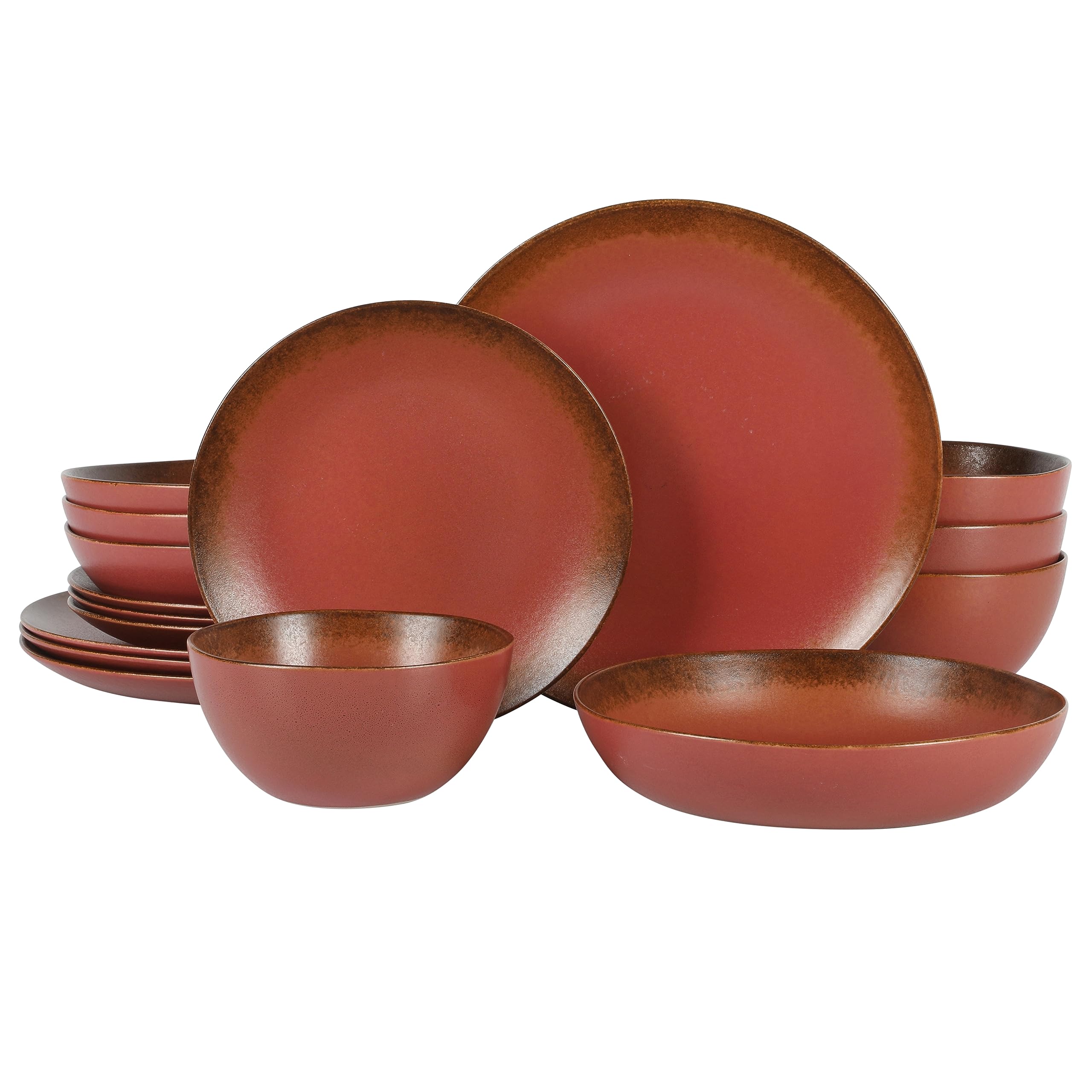 Bloomhouse - Two Time Oprah's Favorite Things Winner - Palermo Sun Double Bowl Stoneware Reactive Glaze Plates and Bowls Dinnerware Set - Paprika Red, Service for Four (16pcs)