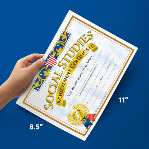 Hayes Social Studies Achievement Certificates, Gold-Bordered Awards with Light Blue Marbled Design, Customizable Award for Students, Full-Color Glossy Design, 8.5" x 11" - 30 Pack