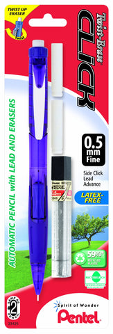 Pentel Twist Erase CLICK Automatic Pencil with 2 Eraser Refills and Lead, 0.5mm, Assorted Barrels, Color May Vary, 1 Pack (PD275TLEBP), Assorted Colors