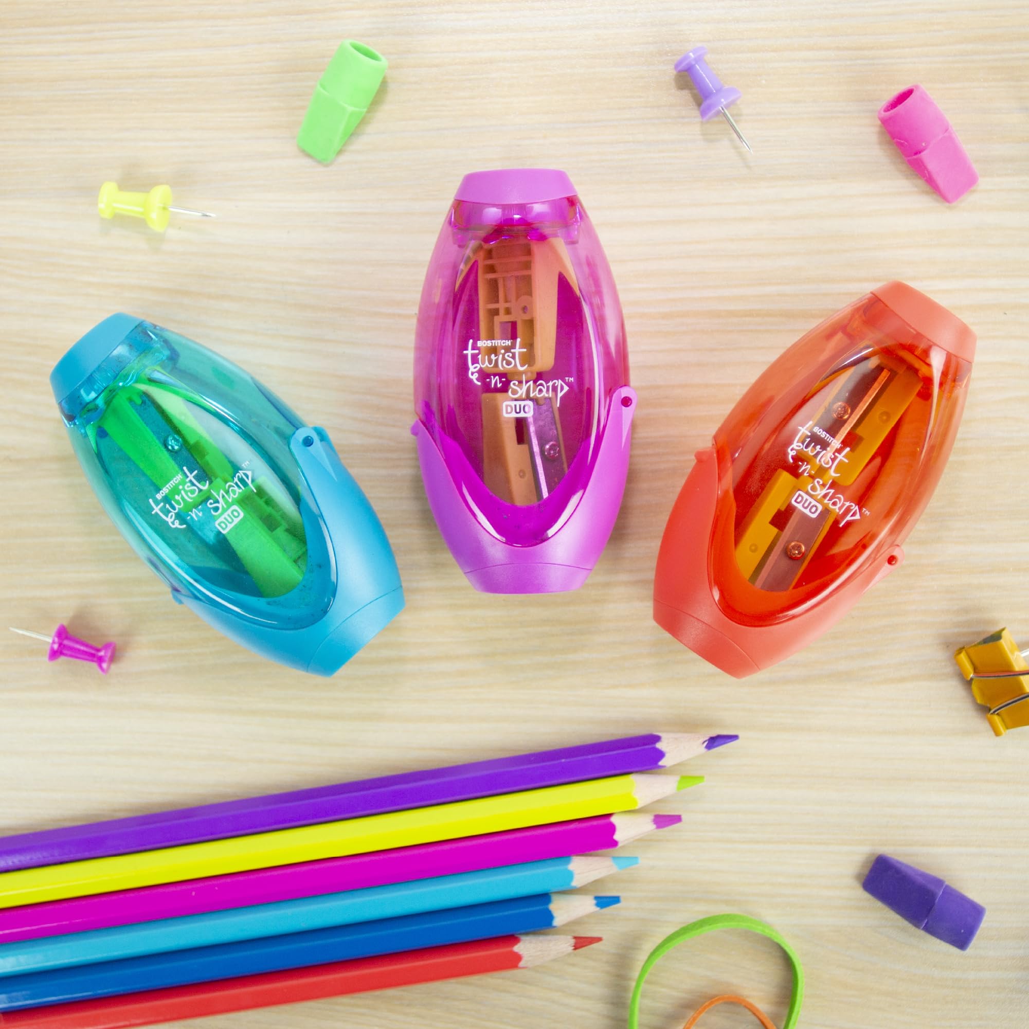Bostitch Office Twist-N-Sharp Manual Pencil Sharpener, 2 Holes for Standard and Jumbo Pencils with Ratchet Technology, 1 Sharpener Random Color