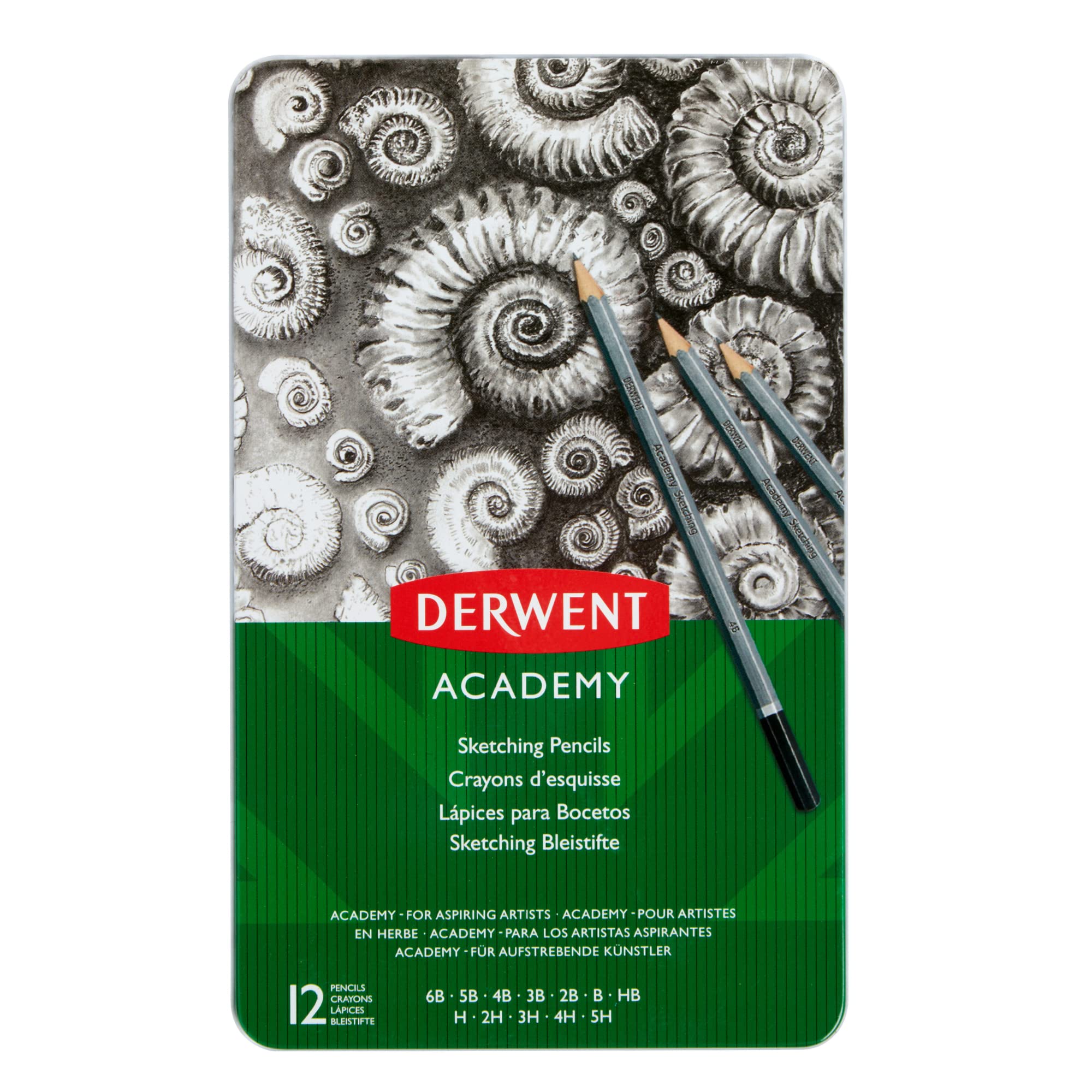 Derwent Academy Sketching Pencils, 6 Degrees of Hardness, Metal Tin, 6 Count (2301945)