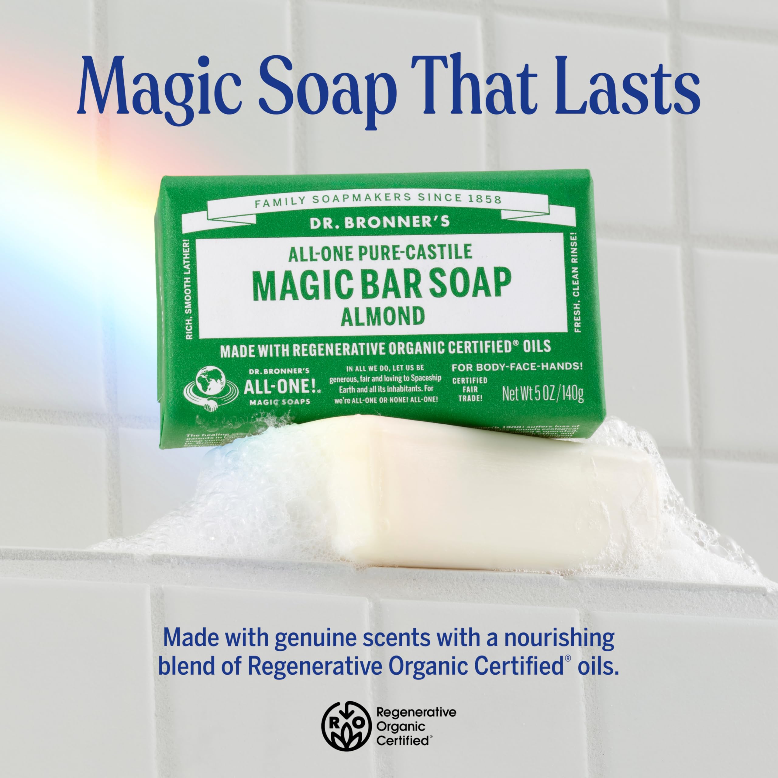 Dr. Bronner's Pure-Castile Magic Bar Soap (Almond, 5 ounce, 12-Pack)-Made with Regenerative Organic Certified Oils, For Face, Body, Hair, Gentle, Vegan, Cruelty-free Non-GMO