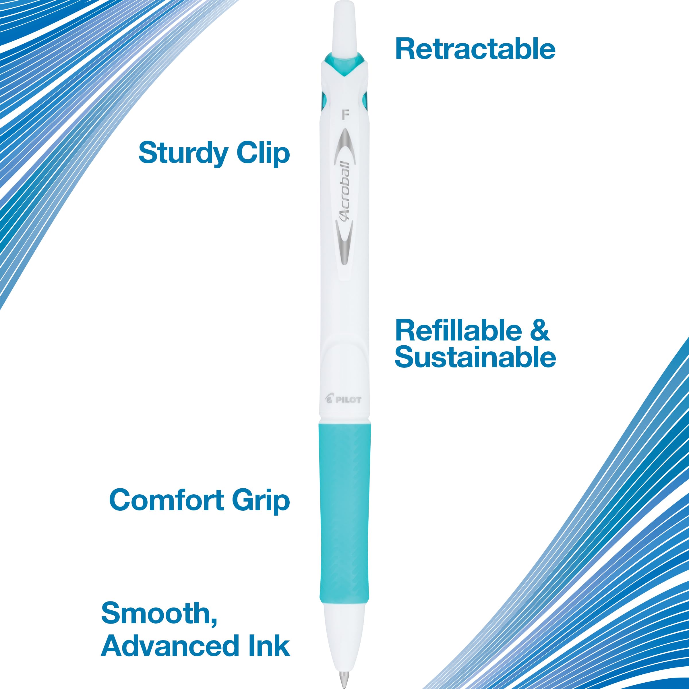 PILOT Acroball PureWhite Advanced Ink Refillable & Retractable Ball Point Pens with Silver Accents, Fine Point, Black Ink