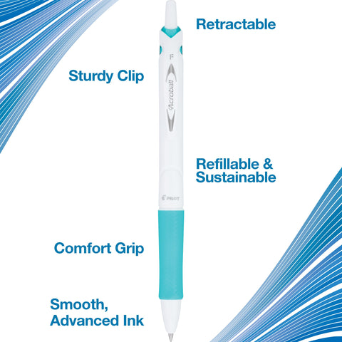 PILOT Acroball PureWhite Advanced Ink Refillable & Retractable Ball Point Pens with Silver Accents, Fine Point, Black Ink