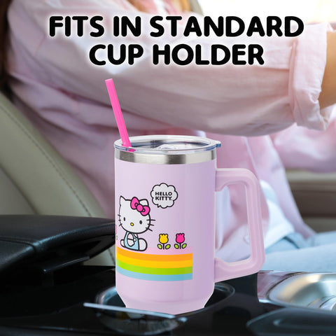 Silver Buffalo Sanrio Hello Kitty Spring and Summer Flowers Rainbow Stripes Double Walled Stainless Steel Tumbler with Handle and Straw, Fits in Standard Cup Holder, 40 Ounces