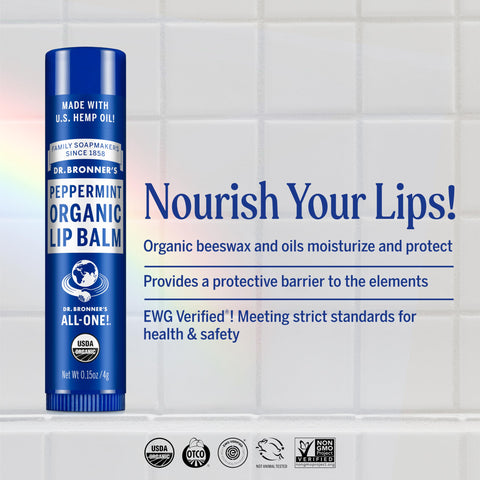 Dr. Bronner's - Organic Lip Balm (Peppermint, .15 ounce, 6-Pack) - Made with Organic Beeswax and Avocado Oil, For Dry Lips, Hands, Chin or Cheeks, Jojoba Oil for Added Moisture, Cooling and Hydrating